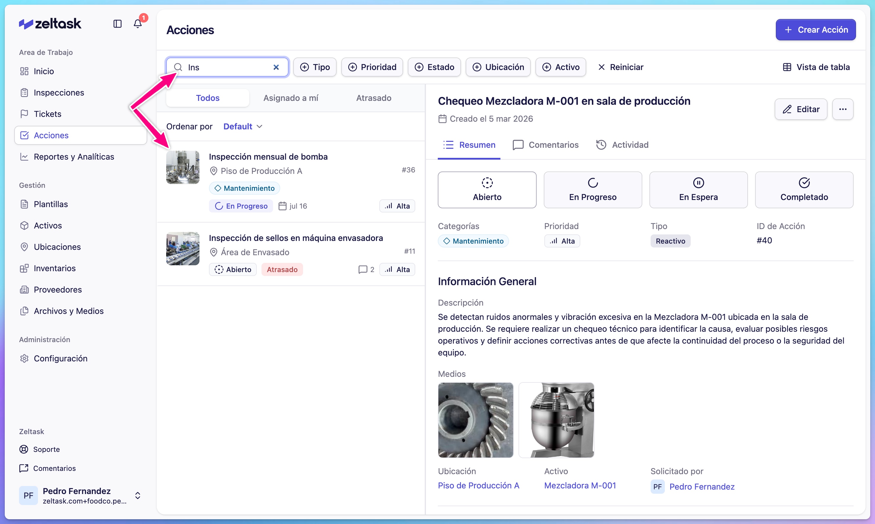 Actions module with search bar highlighted
